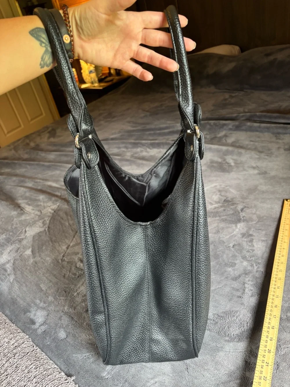 Lancôme Black Hobo Shoulder Bag Purse, Pebbled Leather, Silver Hardware
